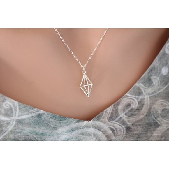 Sterling Silver Geometric Pendant Necklace 3D Geometric Diamond Charm Necklace